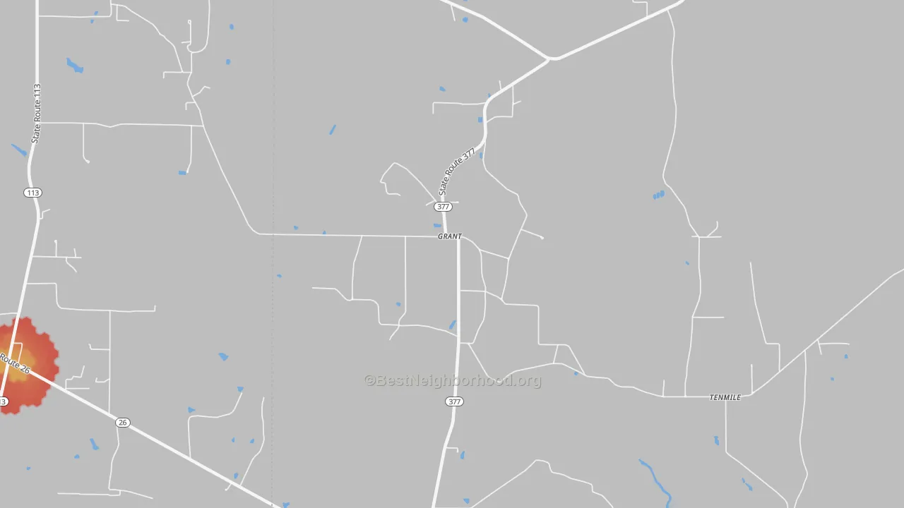 Walk Grade map of 70644, LA, walkable areas in green and car-dependent areas in red