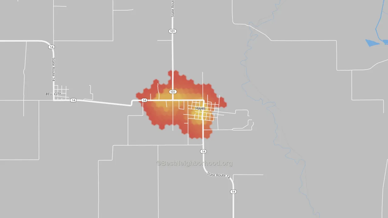 Walk Grade map of 70646, LA, walkable areas in green and car-dependent areas in red