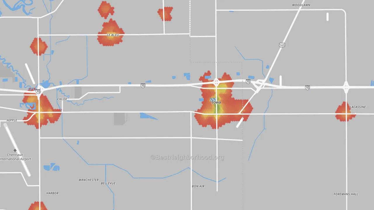 Walk Grade map of 70647, LA, walkable areas in green and car-dependent areas in red
