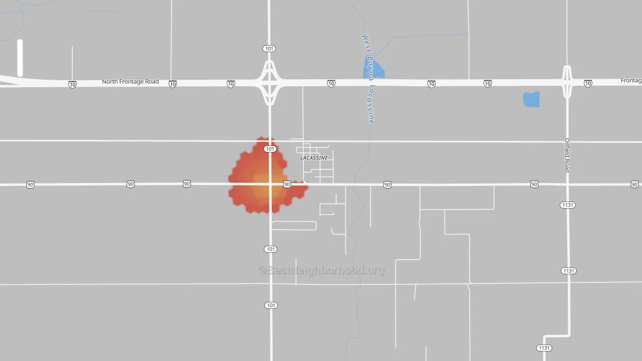 Walk Grade map of 70650, LA, walkable areas in green and car-dependent areas in red