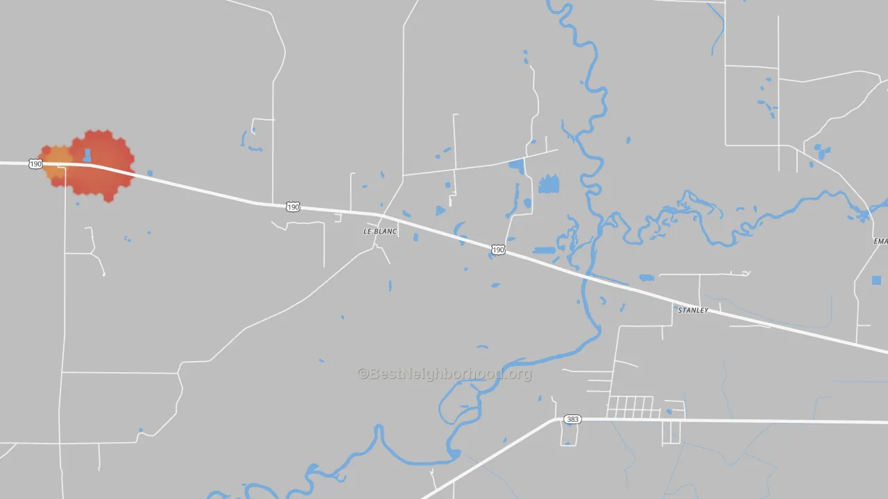 Walk Grade map of 70651, LA, walkable areas in green and car-dependent areas in red