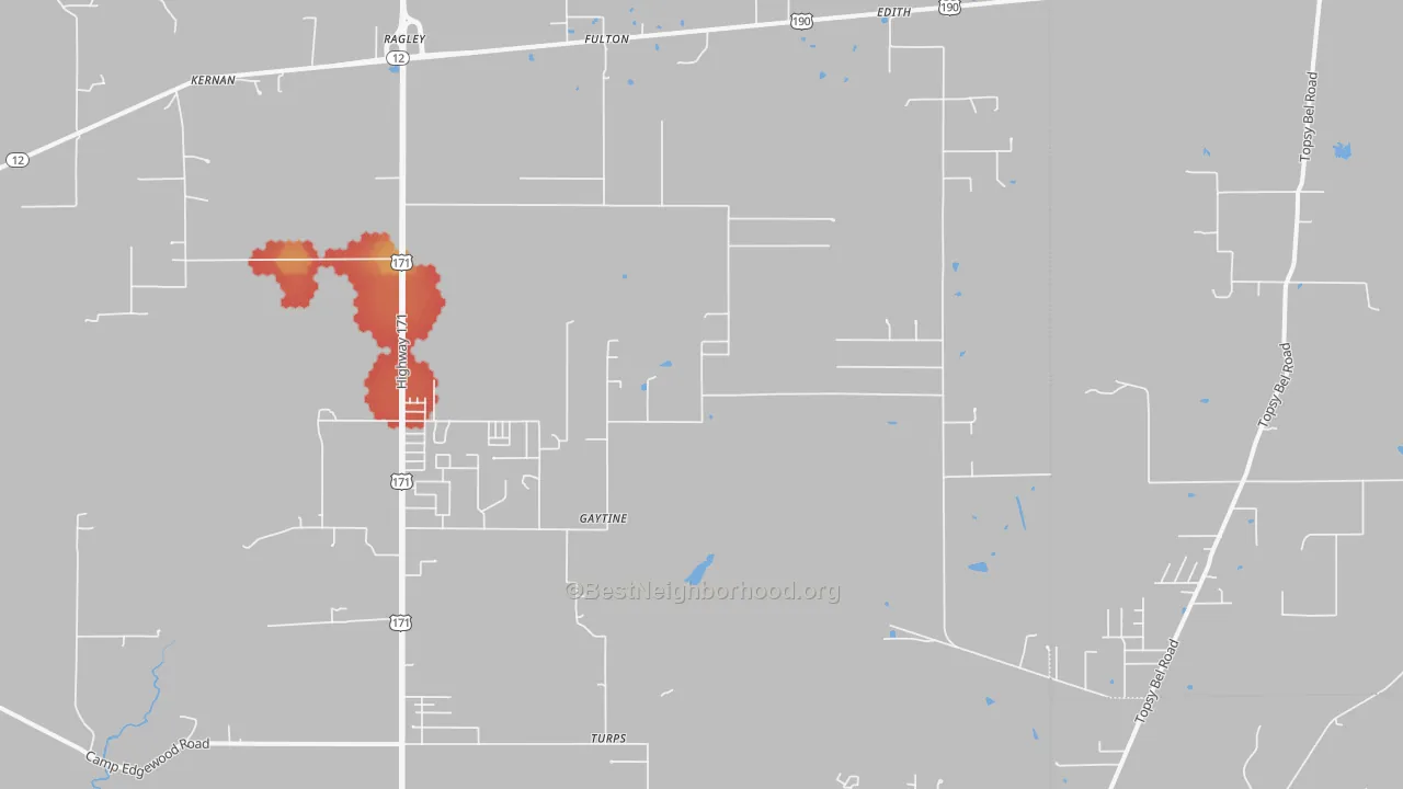 Walk Grade map of 70657, LA, walkable areas in green and car-dependent areas in red