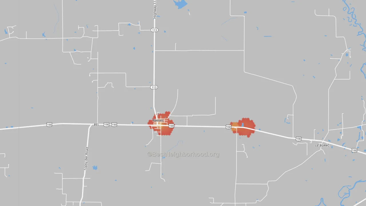 Walk Grade map of 70658, LA, walkable areas in green and car-dependent areas in red