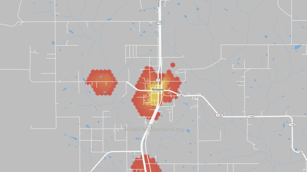 Walk Grade map of 70659, LA, walkable areas in green and car-dependent areas in red
