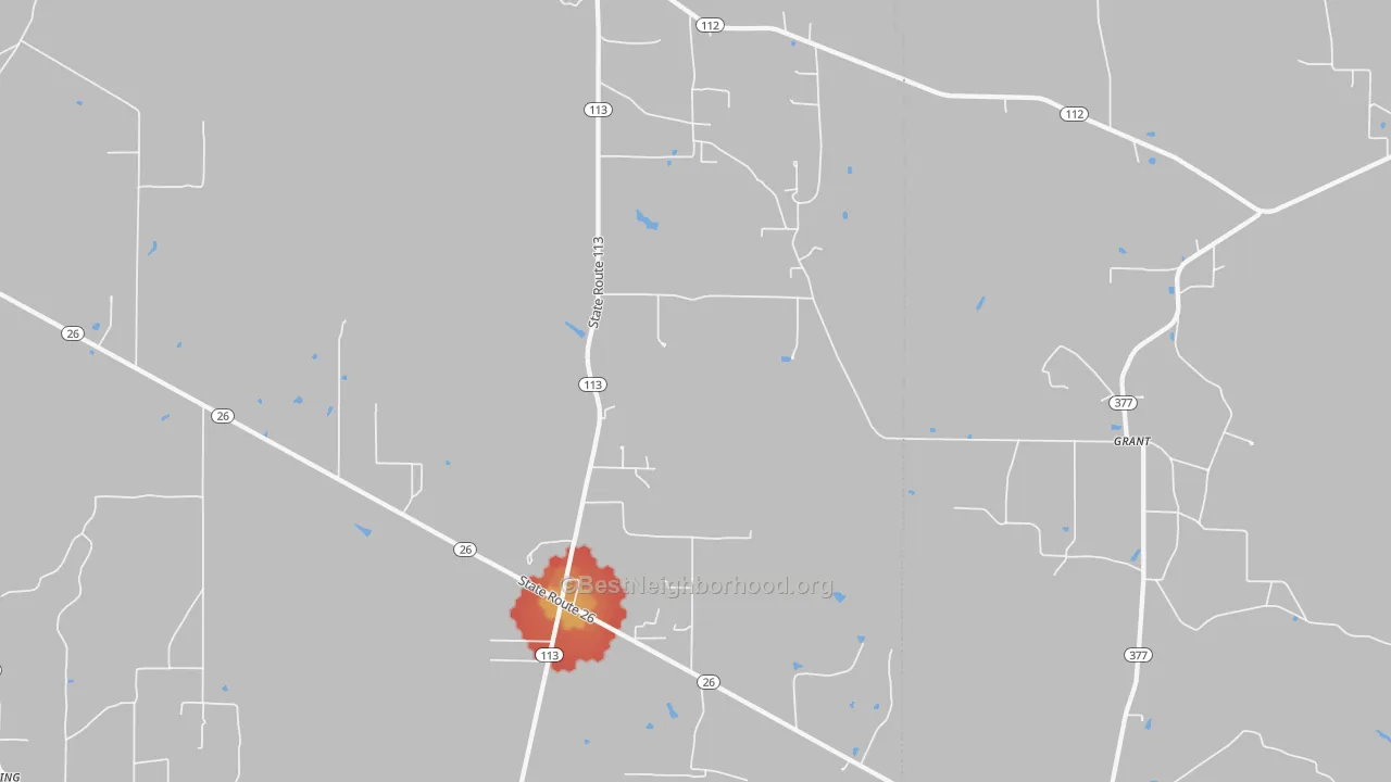 Walk Grade map of 70662, LA, walkable areas in green and car-dependent areas in red