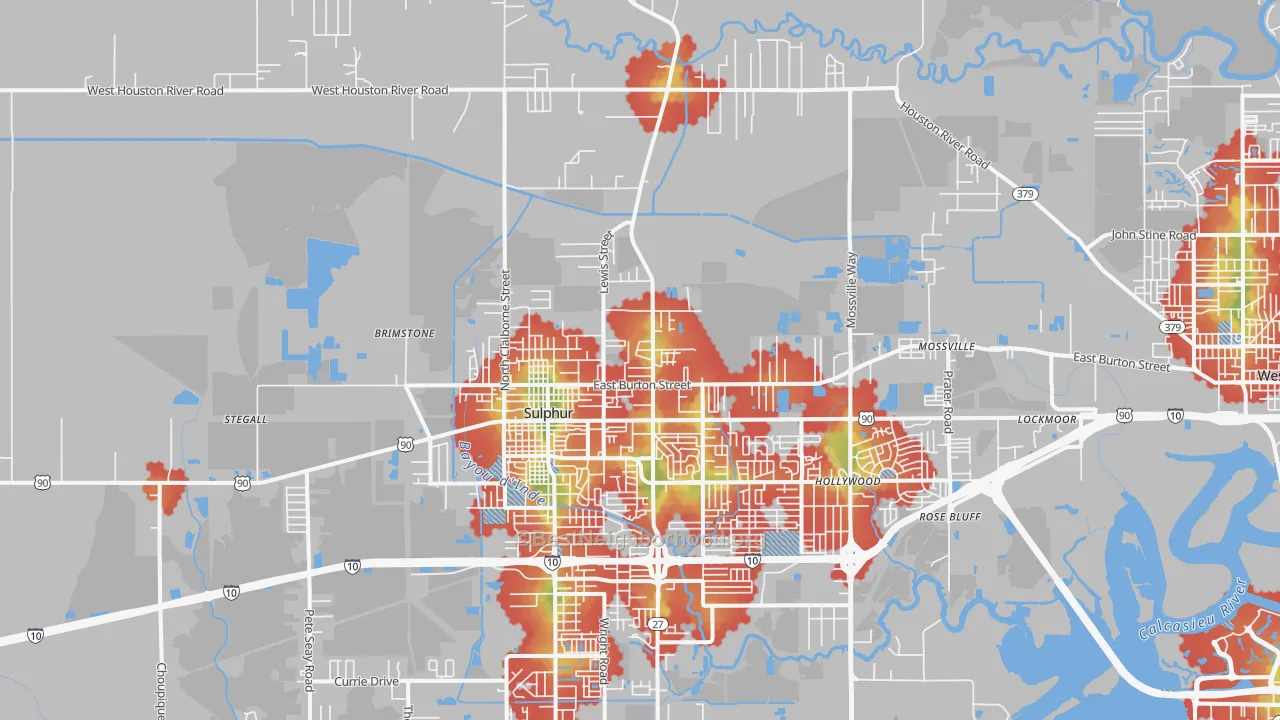 Walk Grade map of 70663, LA, walkable areas in green and car-dependent areas in red
