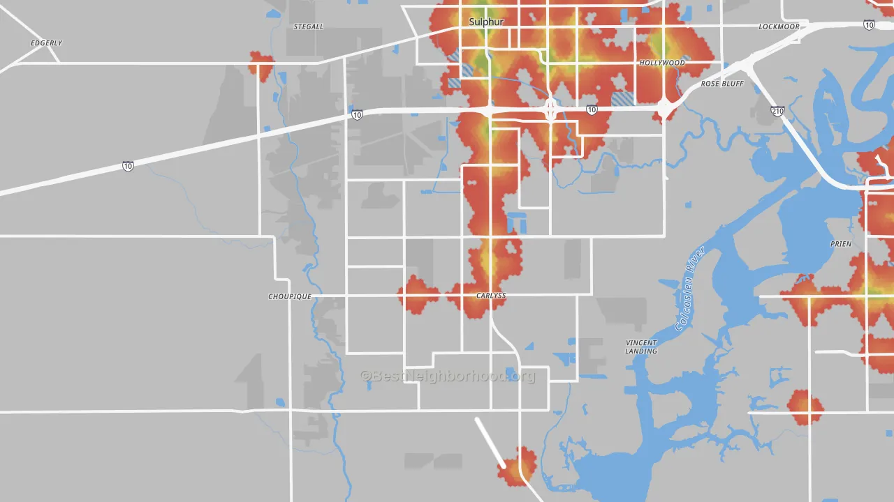 Walk Grade map of 70665, LA, walkable areas in green and car-dependent areas in red