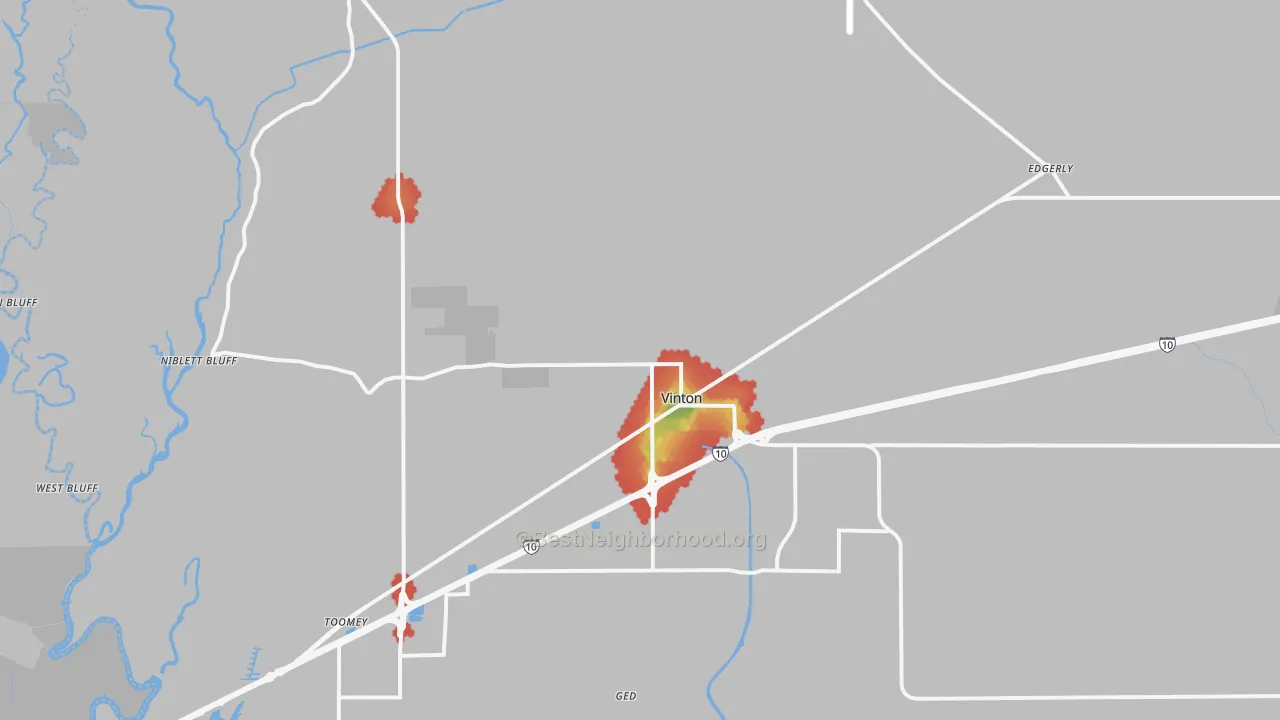 Walk Grade map of 70668, LA, walkable areas in green and car-dependent areas in red