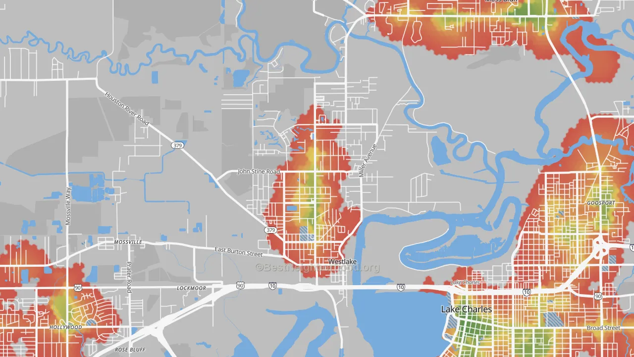 Walk Grade map of 70669, LA, walkable areas in green and car-dependent areas in red