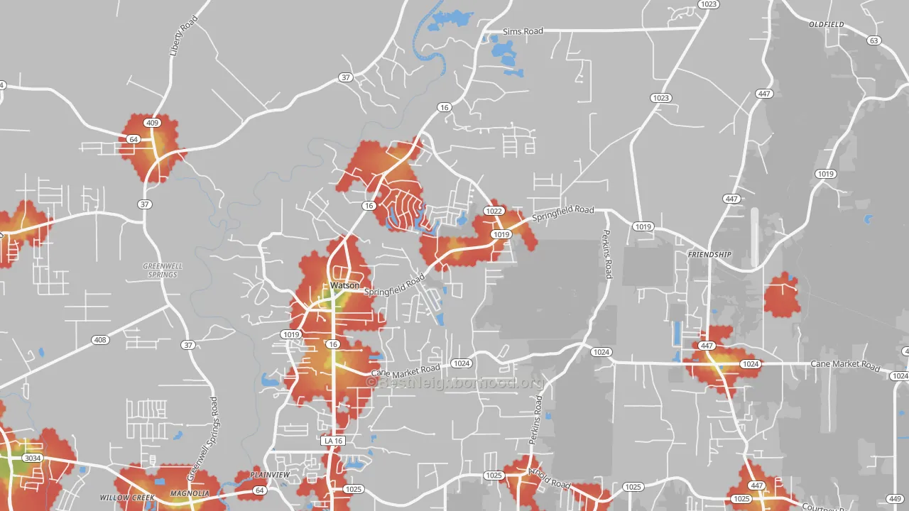 Walk Grade map of 70706, LA, walkable areas in green and car-dependent areas in red