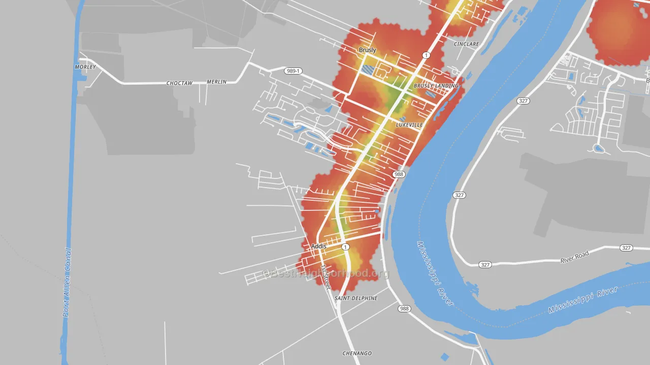 Walk Grade map of 70710, LA, walkable areas in green and car-dependent areas in red
