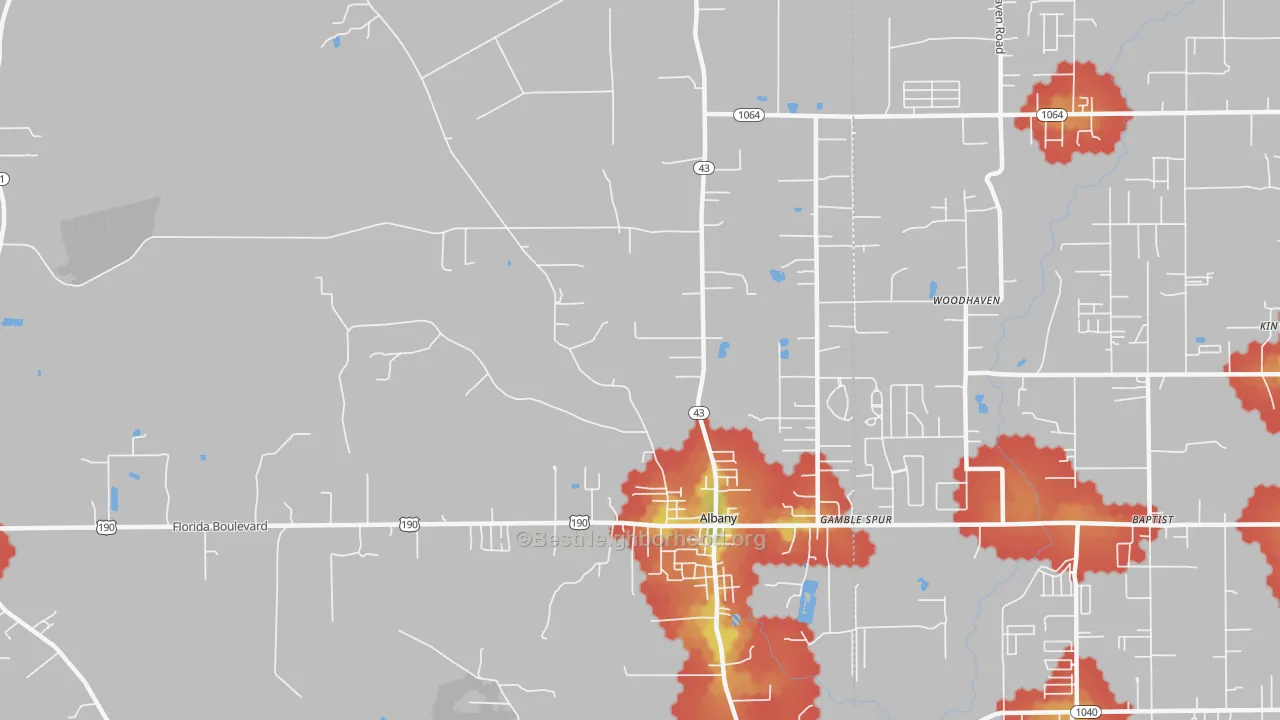 Walk Grade map of 70711, LA, walkable areas in green and car-dependent areas in red