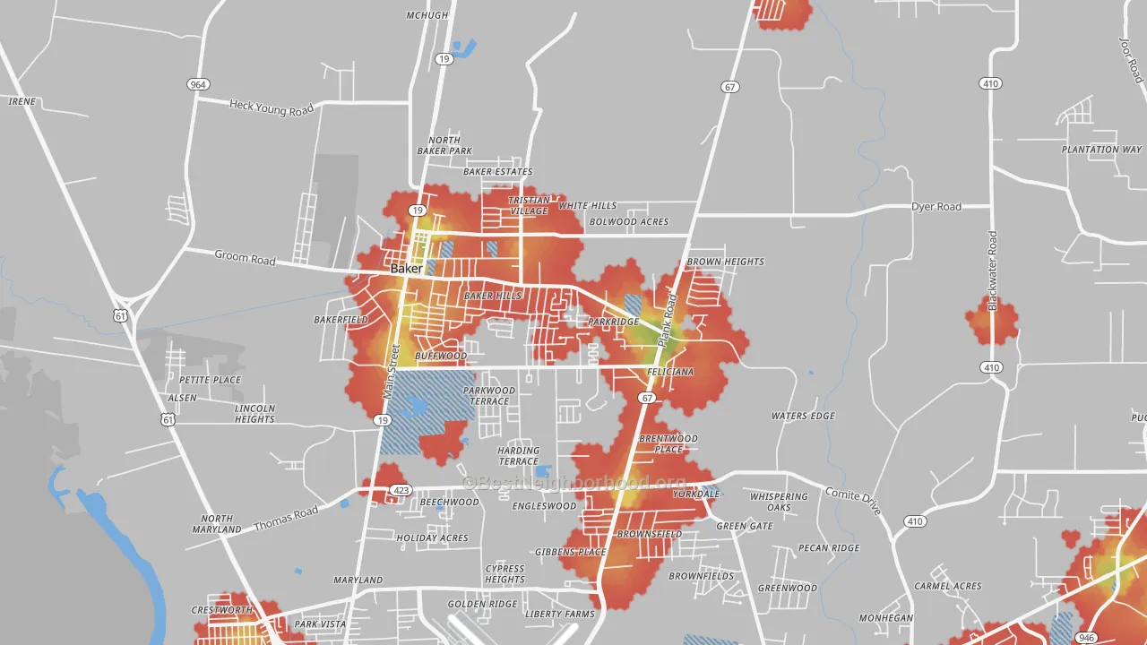 Walk Grade map of 70714, LA, walkable areas in green and car-dependent areas in red