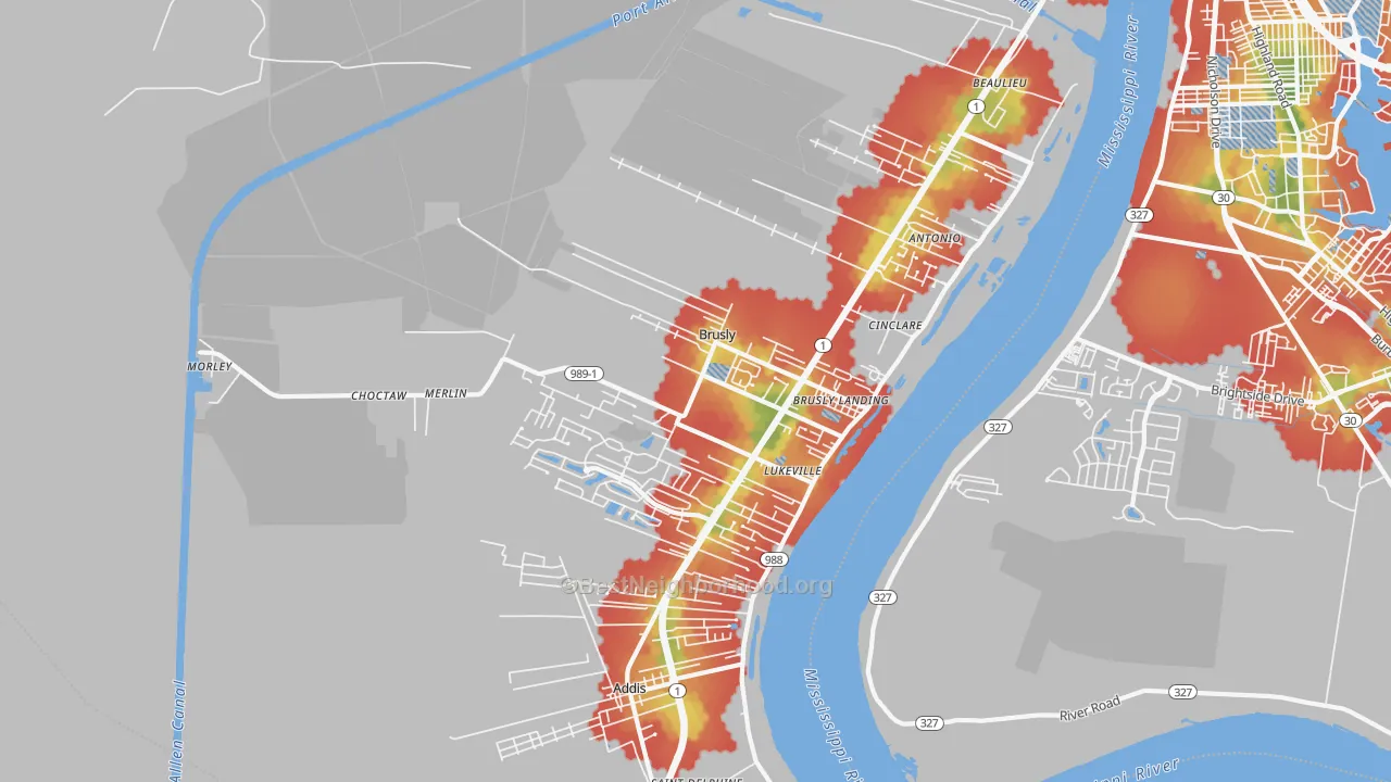 Walk Grade map of 70719, LA, walkable areas in green and car-dependent areas in red