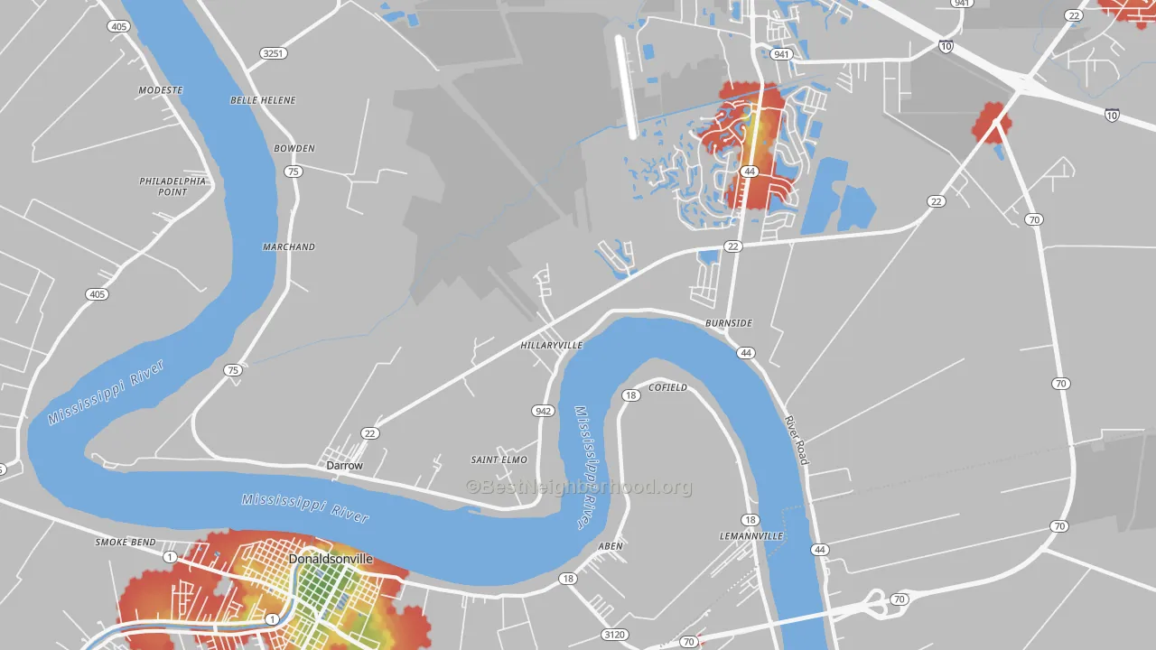 Walk Grade map of 70725, LA, walkable areas in green and car-dependent areas in red