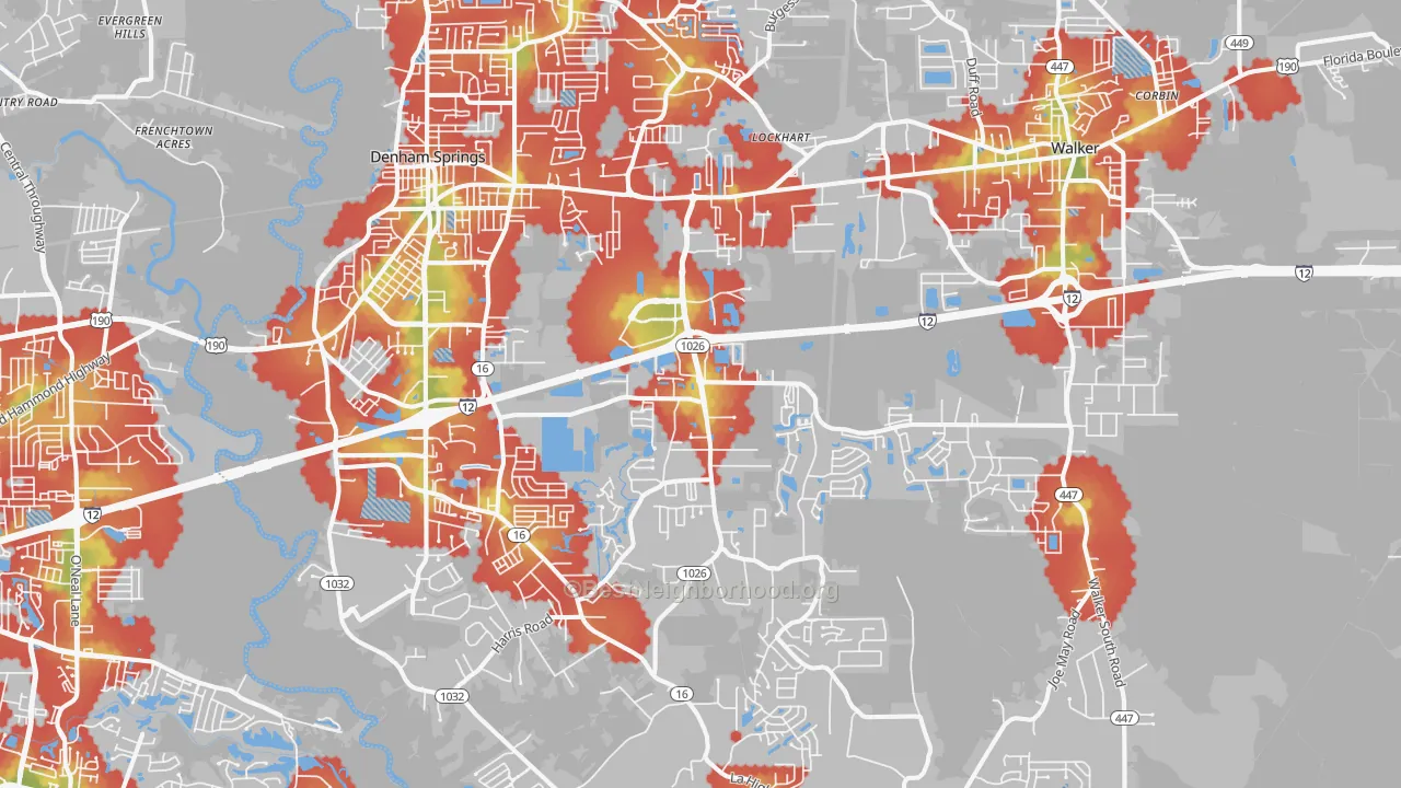 Walk Grade map of 70726, LA, walkable areas in green and car-dependent areas in red