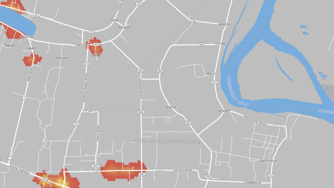 Walk Grade map of 70729, LA, walkable areas in green and car-dependent areas in red