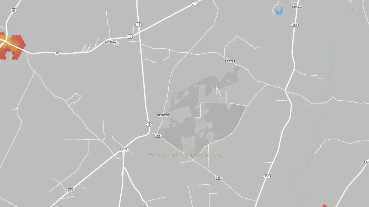 Walk Grade map of 70730, LA, walkable areas in green and car-dependent areas in red