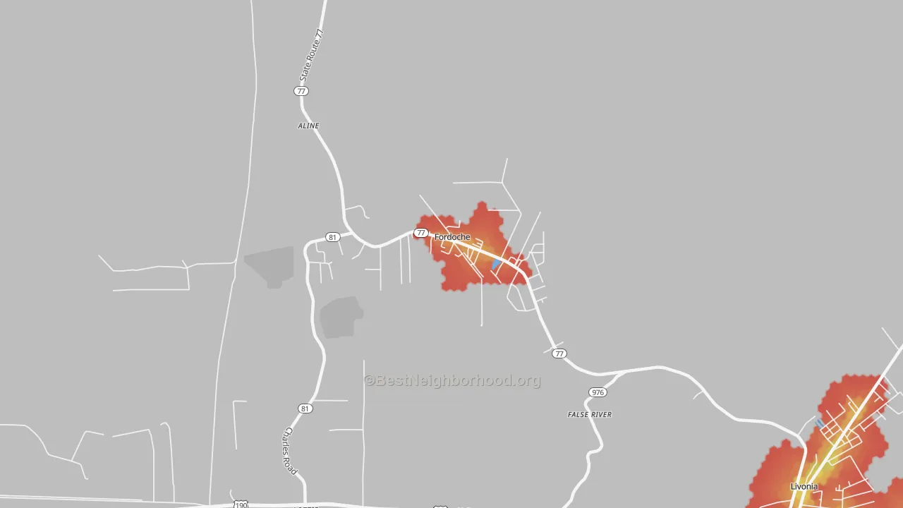 Walk Grade map of 70732, LA, walkable areas in green and car-dependent areas in red