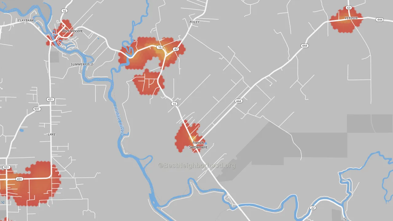 Walk Grade map of 70733, LA, walkable areas in green and car-dependent areas in red