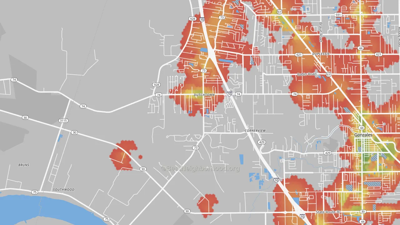 Walk Grade map of 70734, LA, walkable areas in green and car-dependent areas in red
