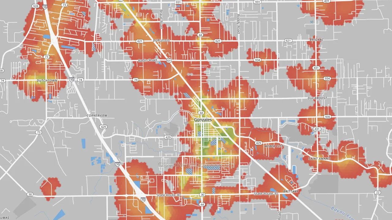 Walk Grade map of 70737, LA, walkable areas in green and car-dependent areas in red