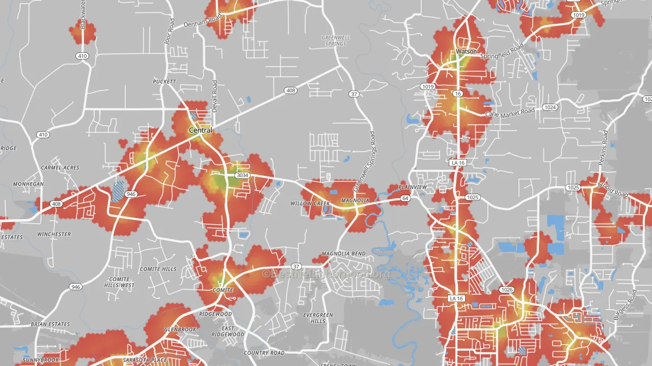 Walk Grade map of 70739, LA, walkable areas in green and car-dependent areas in red