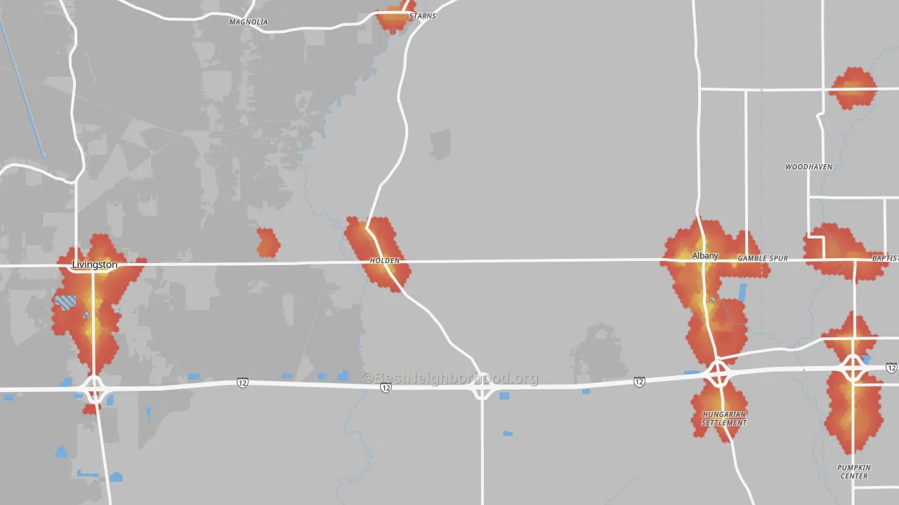Walk Grade map of 70744, LA, walkable areas in green and car-dependent areas in red