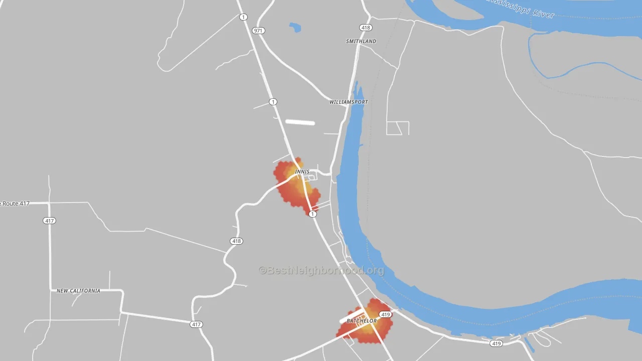 Walk Grade map of 70747, LA, walkable areas in green and car-dependent areas in red