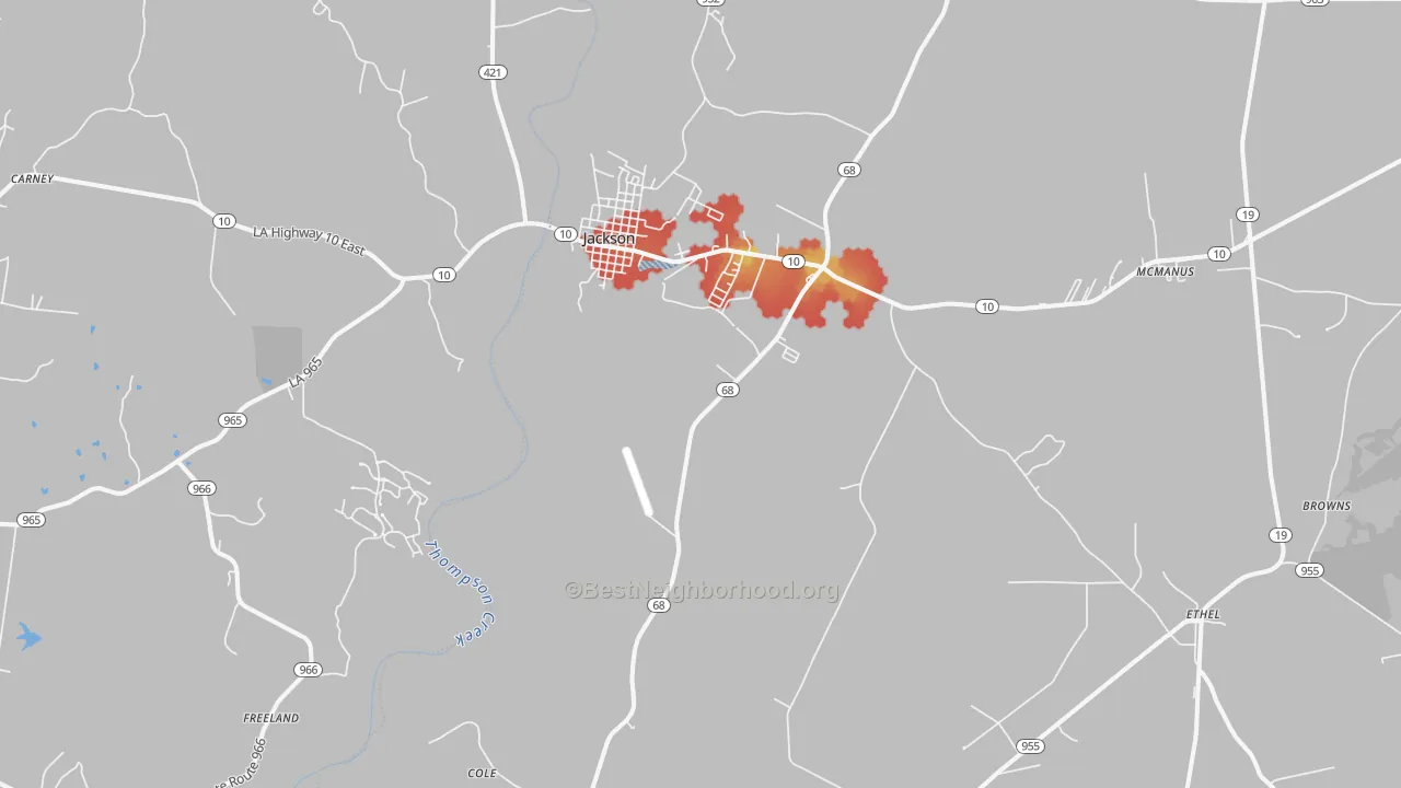 Walk Grade map of 70748, LA, walkable areas in green and car-dependent areas in red