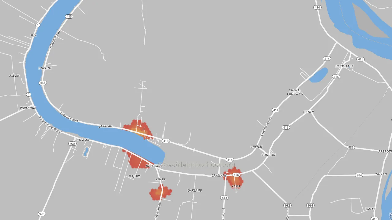Walk Grade map of 70749, LA, walkable areas in green and car-dependent areas in red