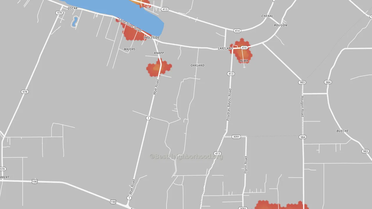 Walk Grade map of 70752, LA, walkable areas in green and car-dependent areas in red