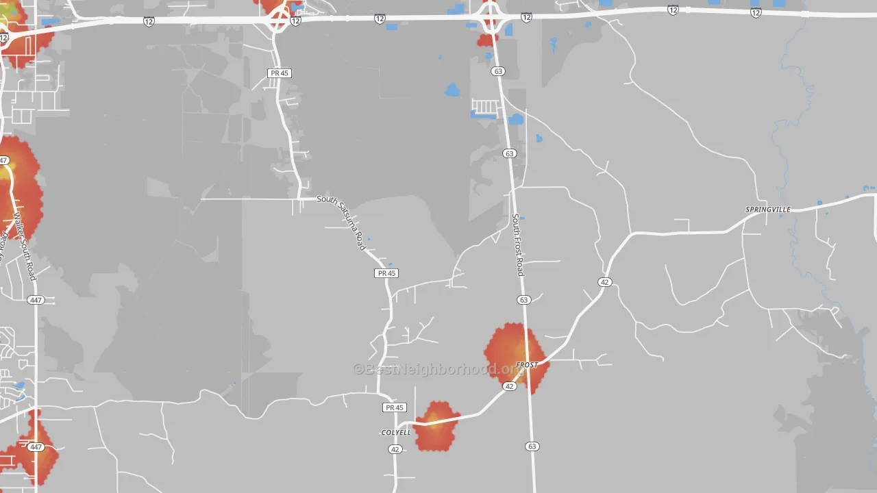 Walk Grade map of 70754, LA, walkable areas in green and car-dependent areas in red