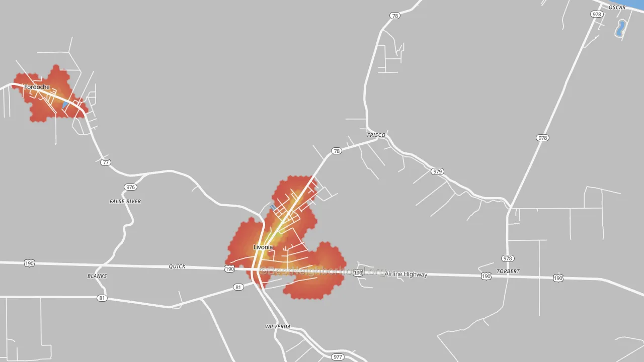Walk Grade map of 70755, LA, walkable areas in green and car-dependent areas in red