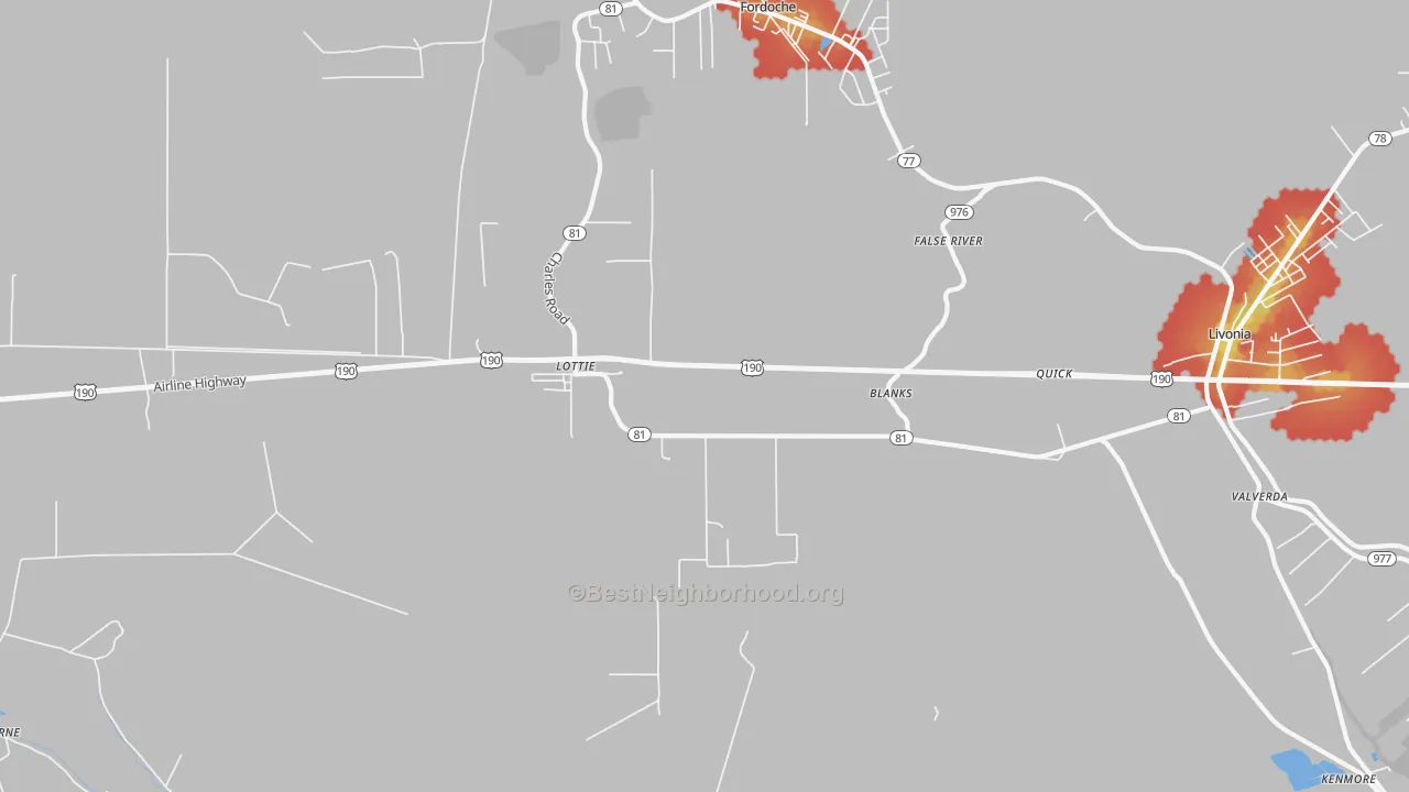 Walk Grade map of 70756, LA, walkable areas in green and car-dependent areas in red