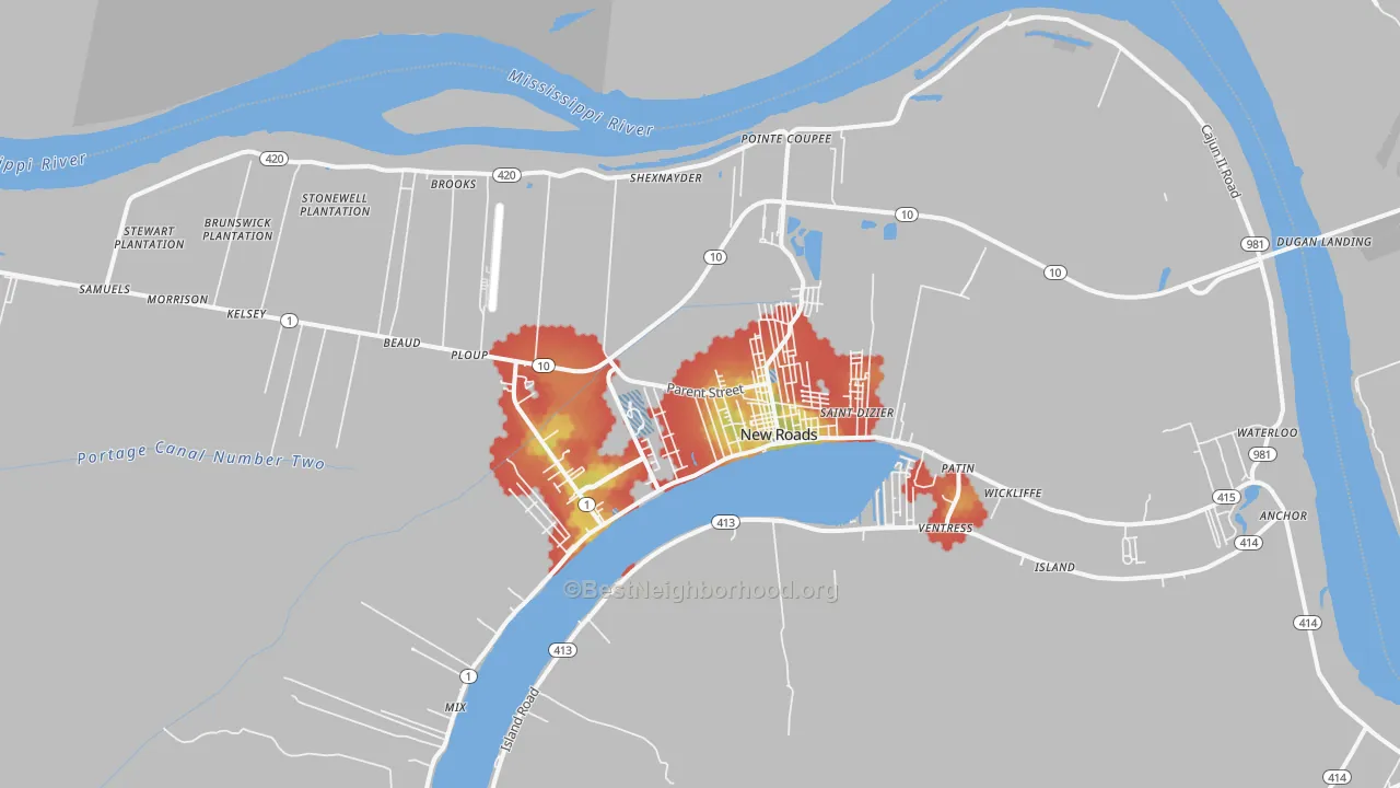 Walk Grade map of 70760, LA, walkable areas in green and car-dependent areas in red