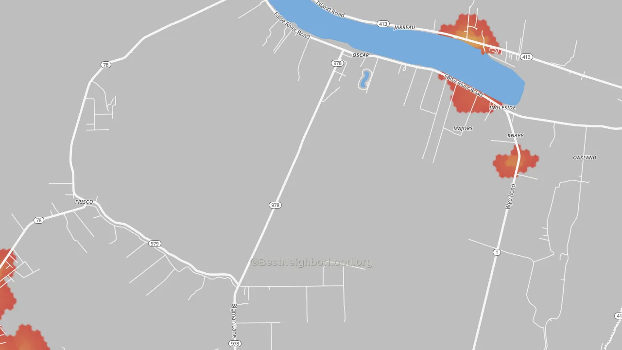 Walk Grade map of 70762, LA, walkable areas in green and car-dependent areas in red