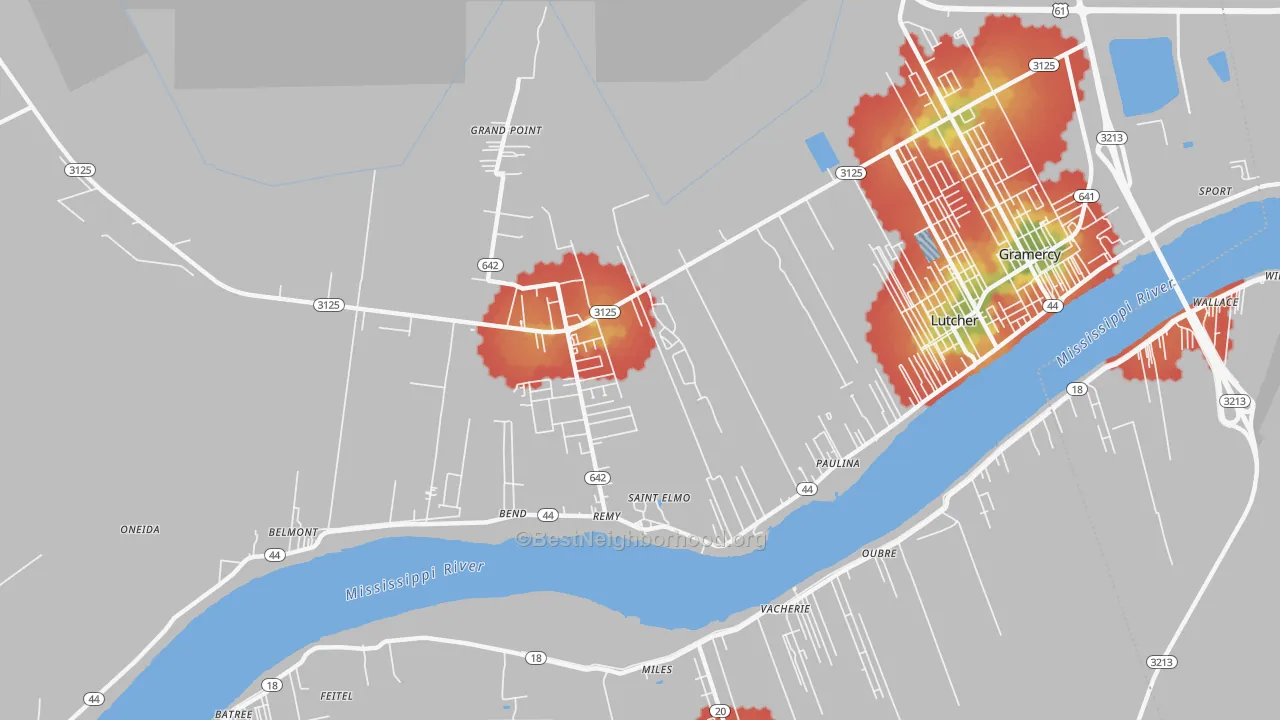 Walk Grade map of 70763, LA, walkable areas in green and car-dependent areas in red