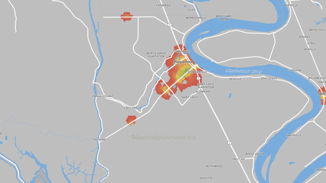 Walk Grade map of 70764, LA, walkable areas in green and car-dependent areas in red