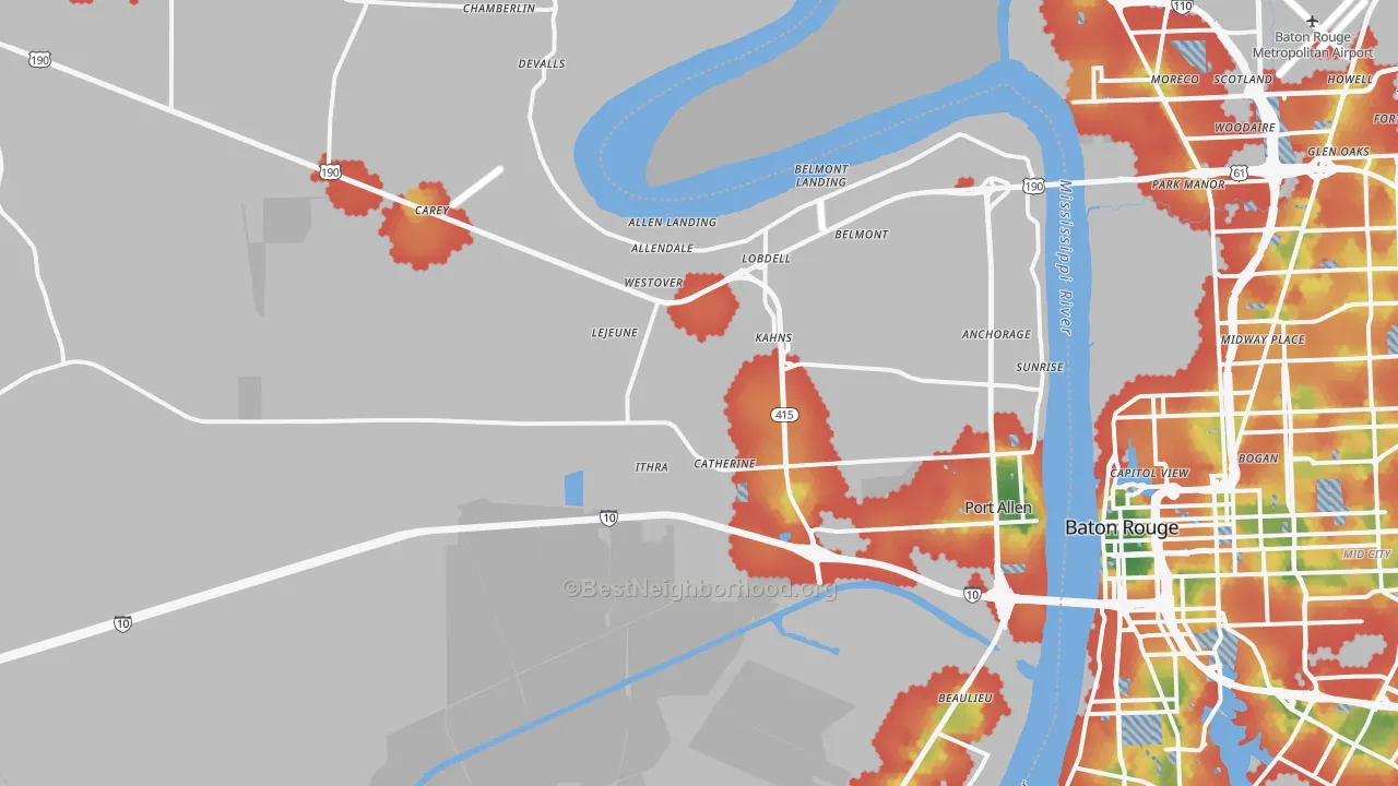 Walk Grade map of 70767, LA, walkable areas in green and car-dependent areas in red