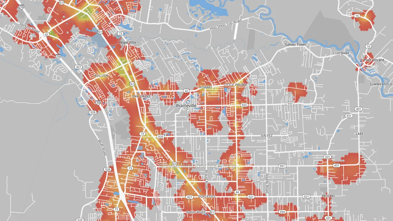 Walk Grade map of 70769, LA, walkable areas in green and car-dependent areas in red