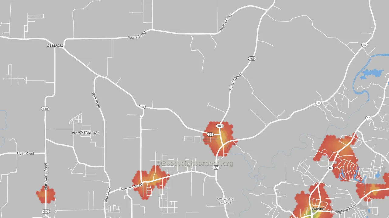 Walk Grade map of 70770, LA, walkable areas in green and car-dependent areas in red