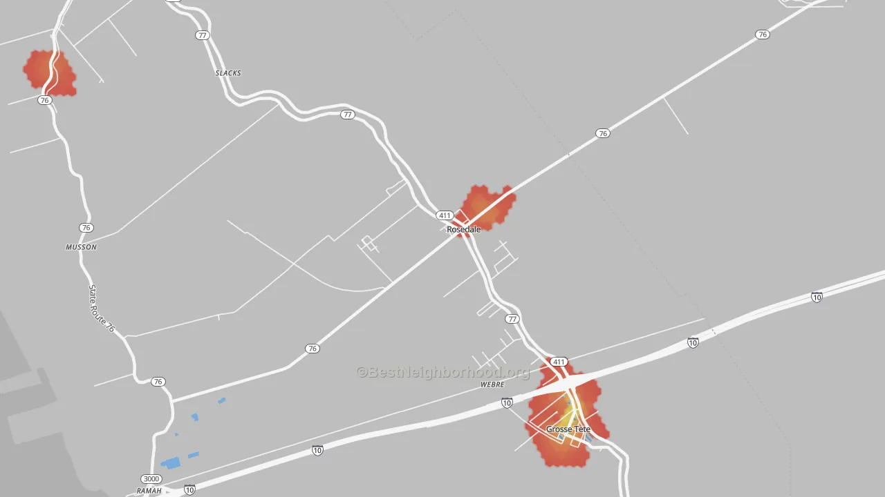 Walk Grade map of 70772, LA, walkable areas in green and car-dependent areas in red