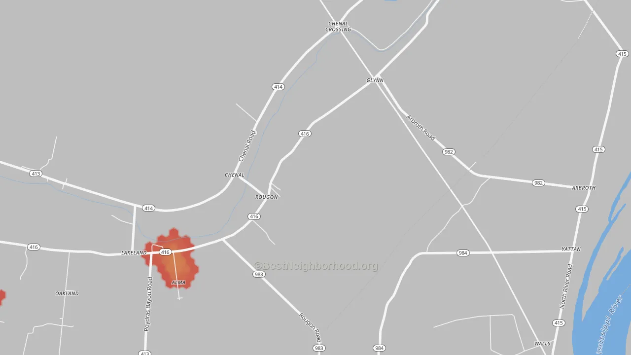 Walk Grade map of 70773, LA, walkable areas in green and car-dependent areas in red