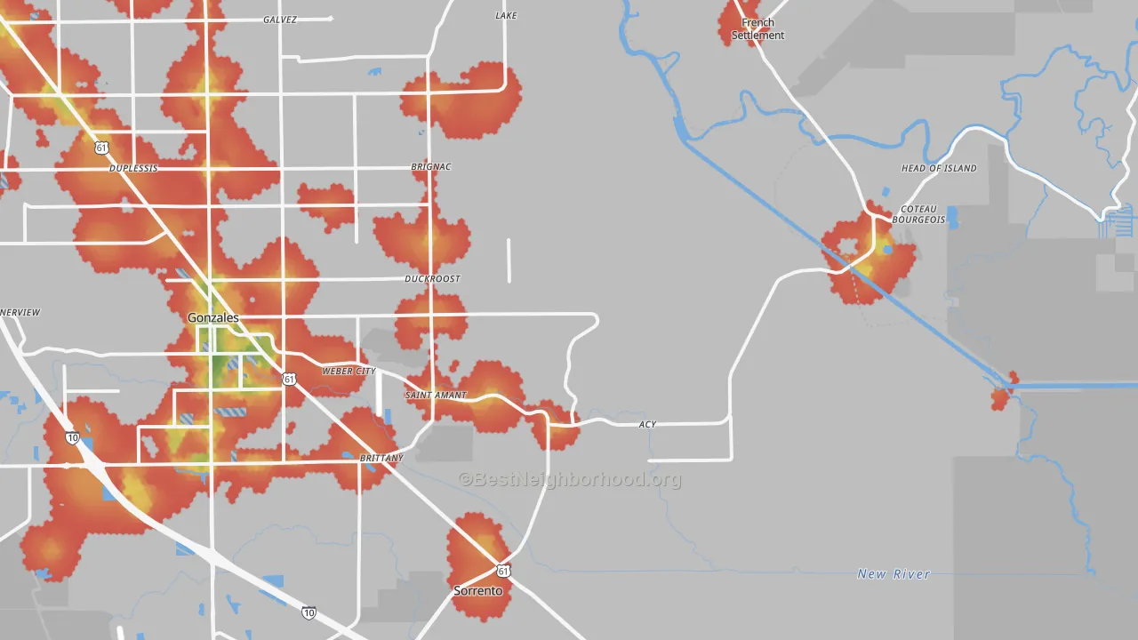 Walk Grade map of 70774, LA, walkable areas in green and car-dependent areas in red
