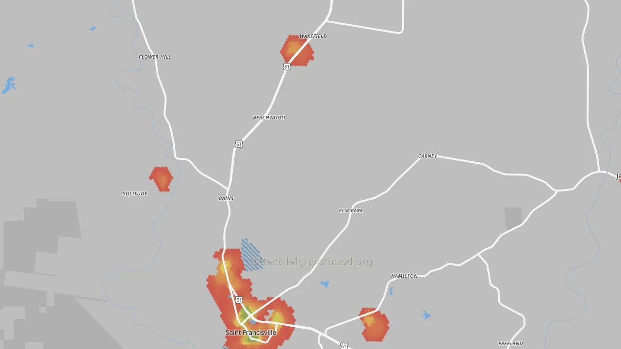 Walk Grade map of 70775, LA, walkable areas in green and car-dependent areas in red