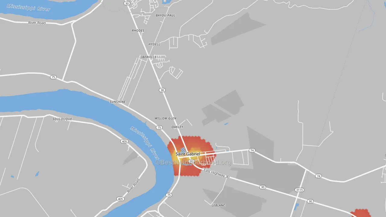 Walk Grade map of 70776, LA, walkable areas in green and car-dependent areas in red