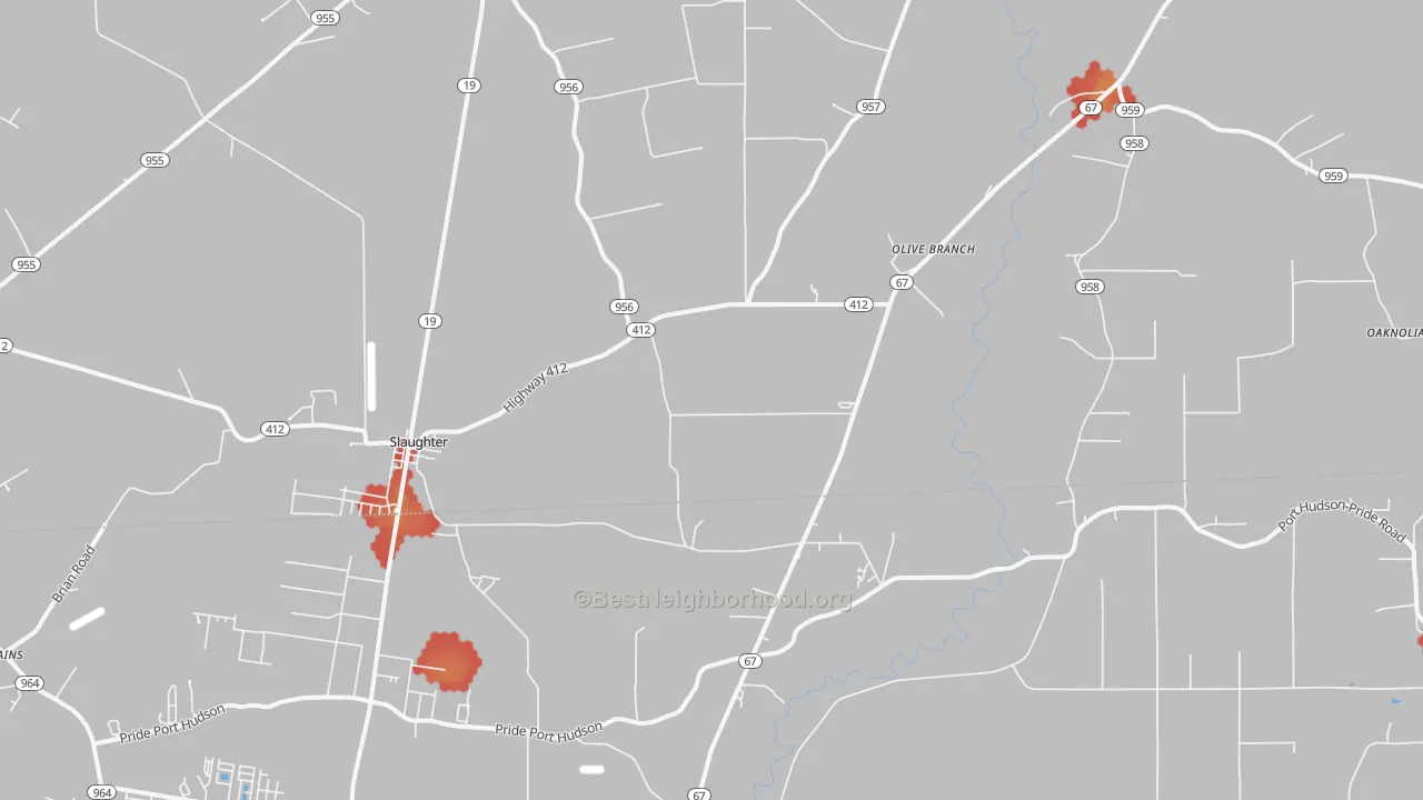 Walk Grade map of 70777, LA, walkable areas in green and car-dependent areas in red
