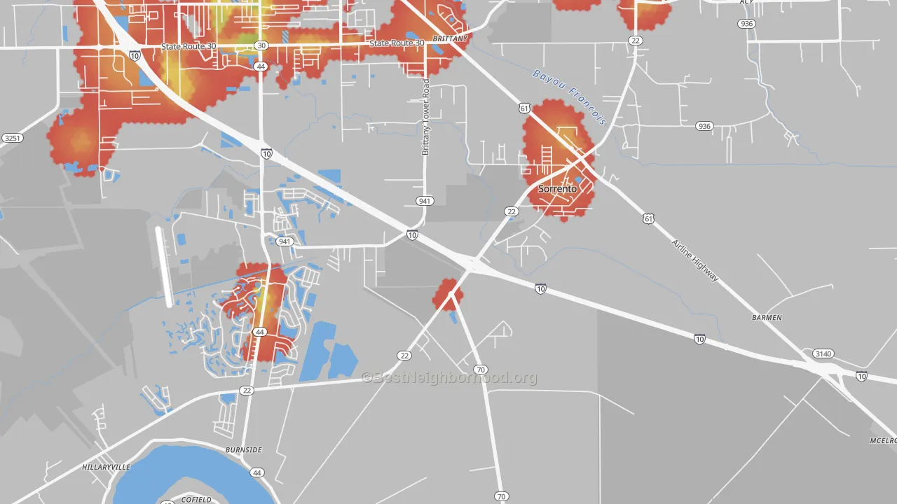 Walk Grade map of 70778, LA, walkable areas in green and car-dependent areas in red