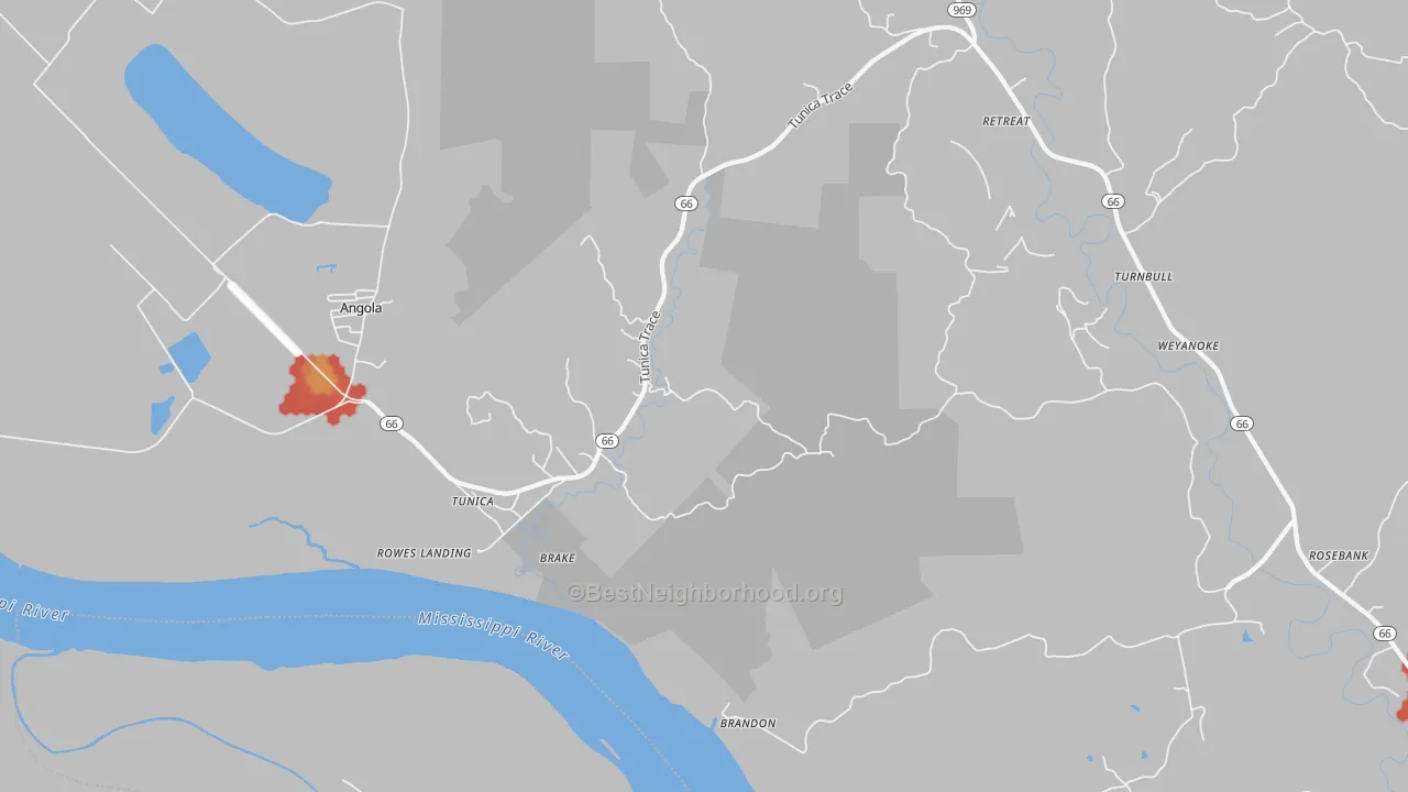 Walk Grade map of 70782, LA, walkable areas in green and car-dependent areas in red